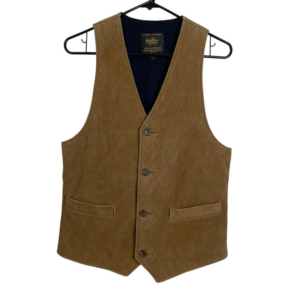 Golden Bear Quilted Leather Vest Small Brown Button Up Buckle Wool Blend Lined